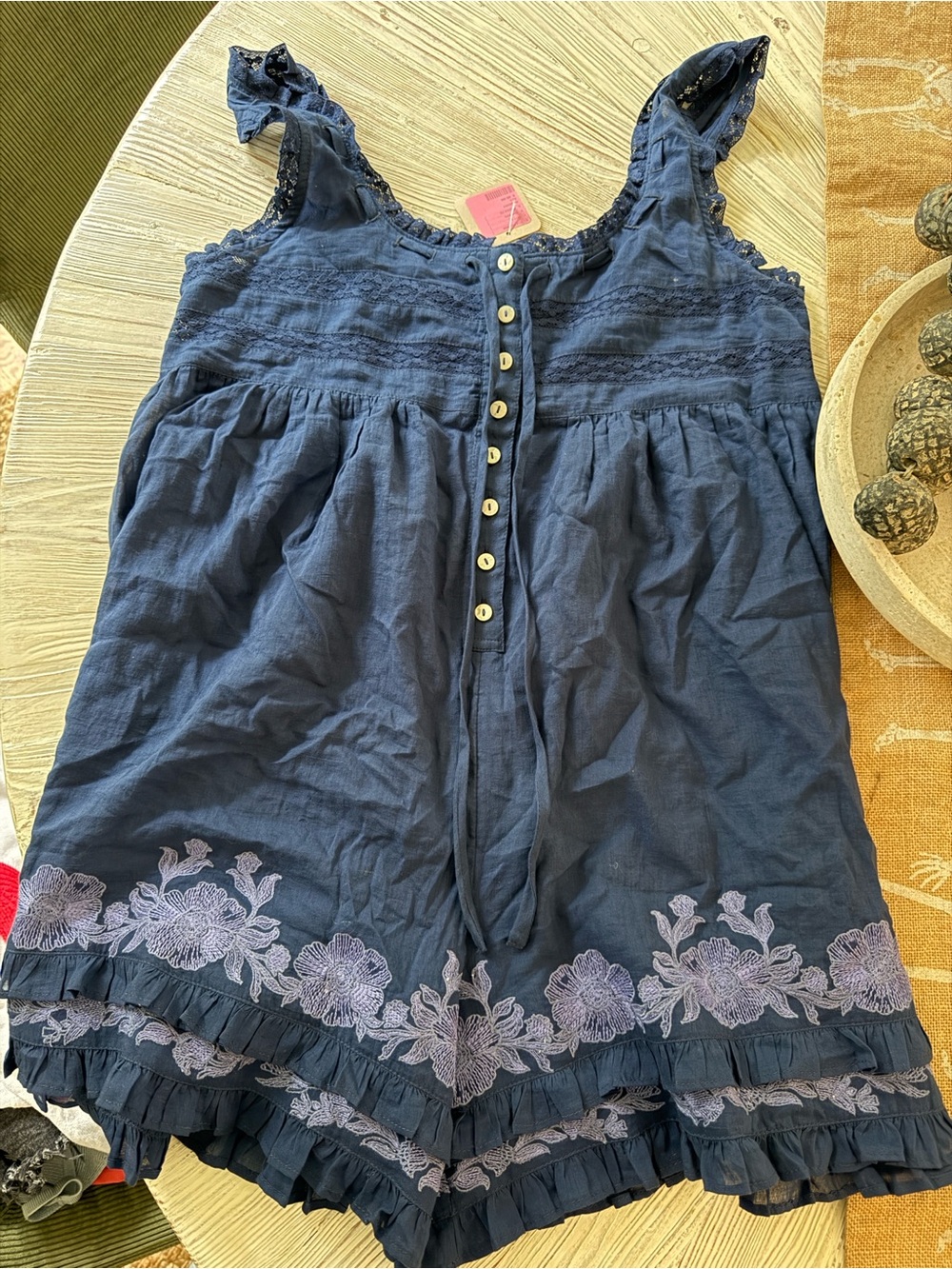 Free People Navy Blue Embroidered Ruffle Sundress